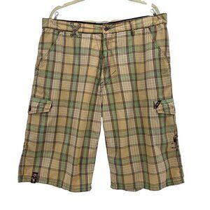 Vintage LRG Lifted Research Group Mens 36 Shorts Cargo Plaid Tan Green Brown